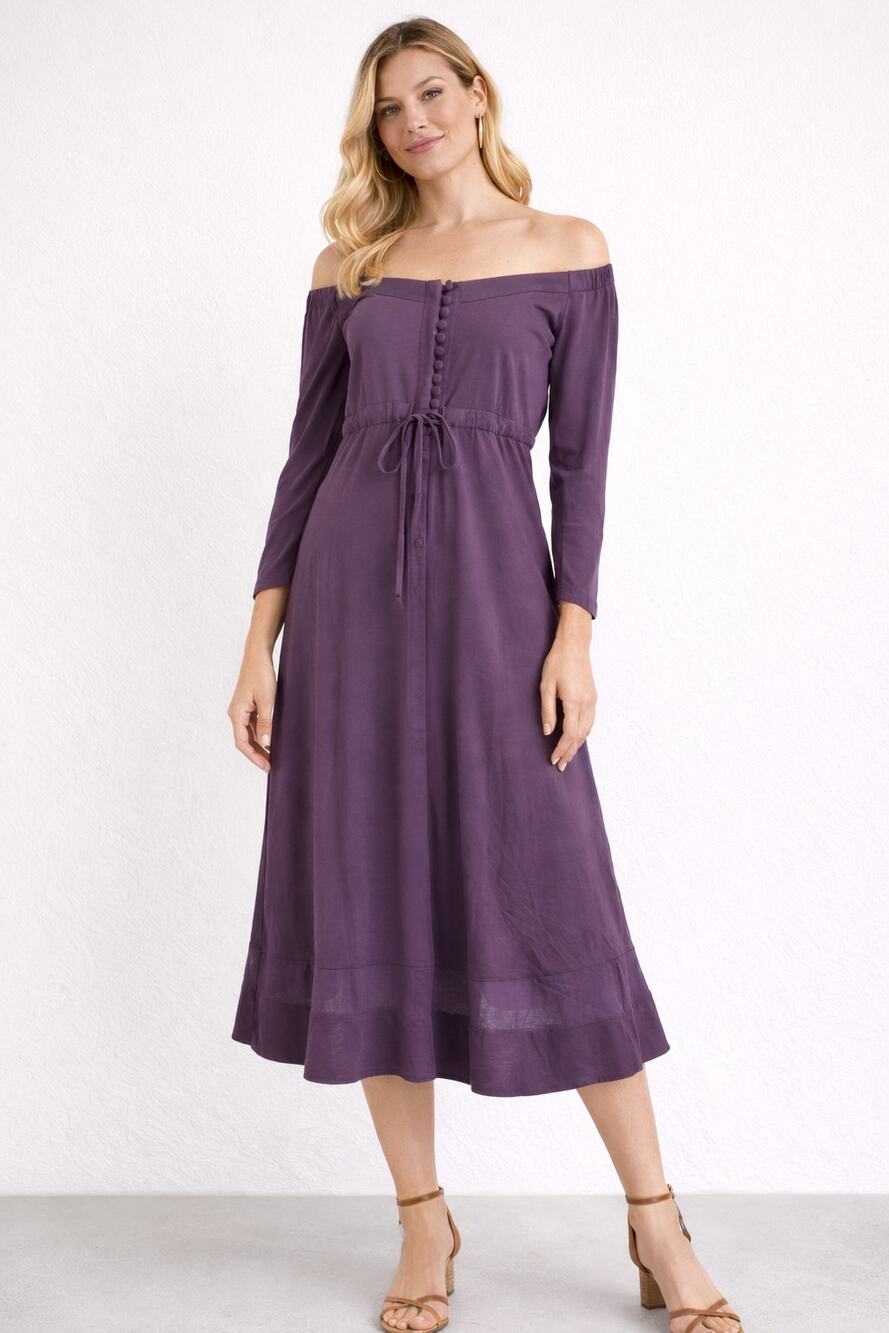 BCBGMAXAZRIA Off The Shoulder Long Sleeve Button Midi Dress Womens Large Purple